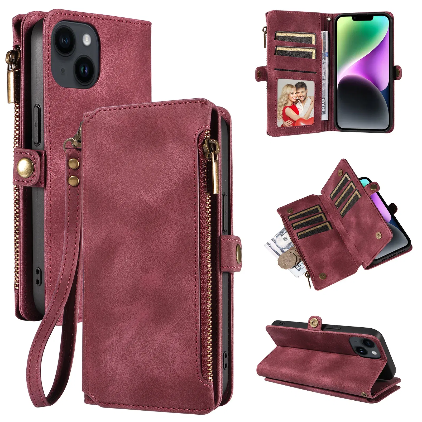 Color: black, Material: aluminum - Zipper Multi 9 Cards Wallet Case for OPPO Reno 12 10 8 7 6 5 Pro 11F 11A 8T 6Z 5Z Retro Leather Lanyard Wrist Strap Phone Cover