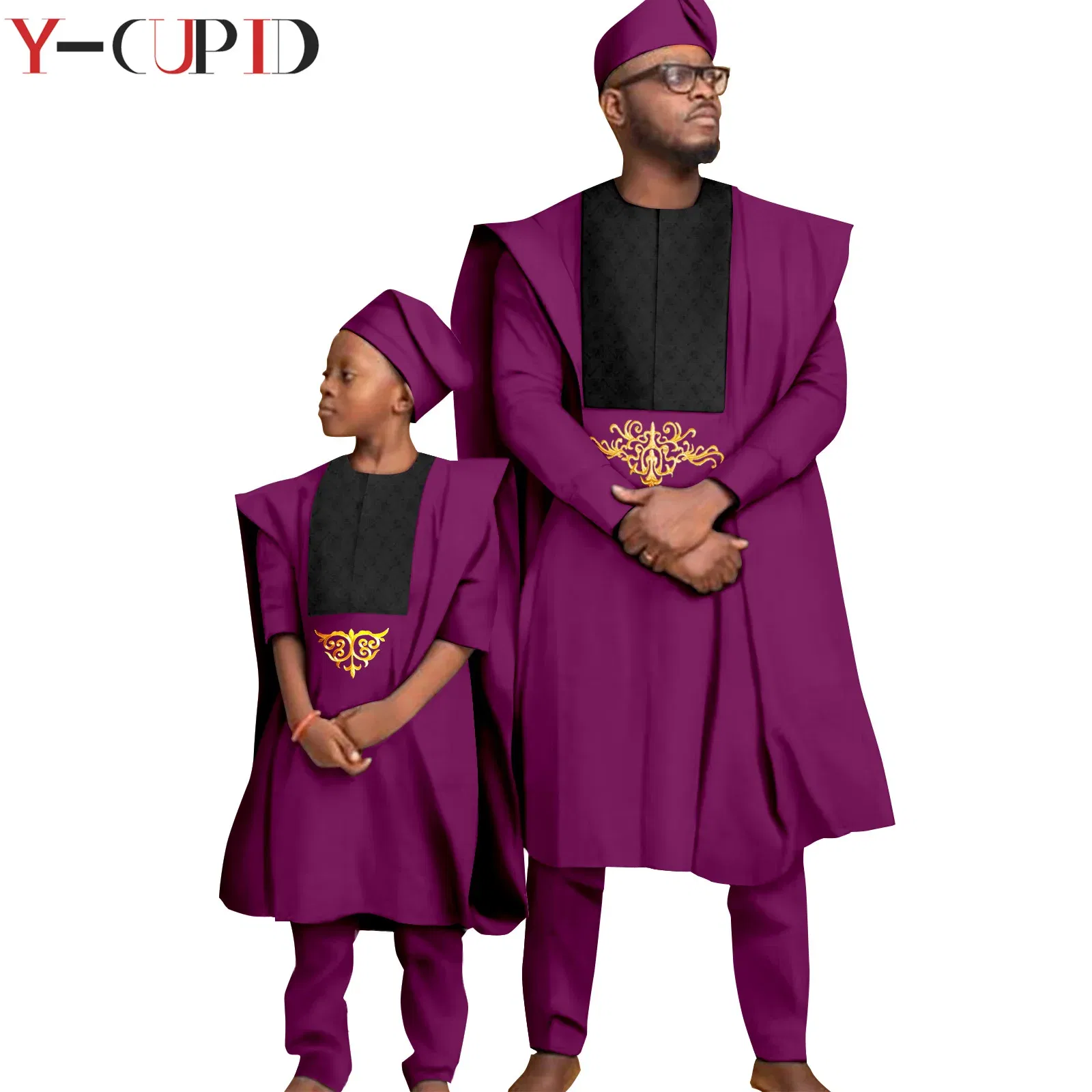 Color: GRAY, Size: Mother 5XL - African Clothes for Men Top Pants Robes Hat Sets Match Kid Boy Sets Dashiki Father and Son Bazin Riche Family Outfits Y20F001