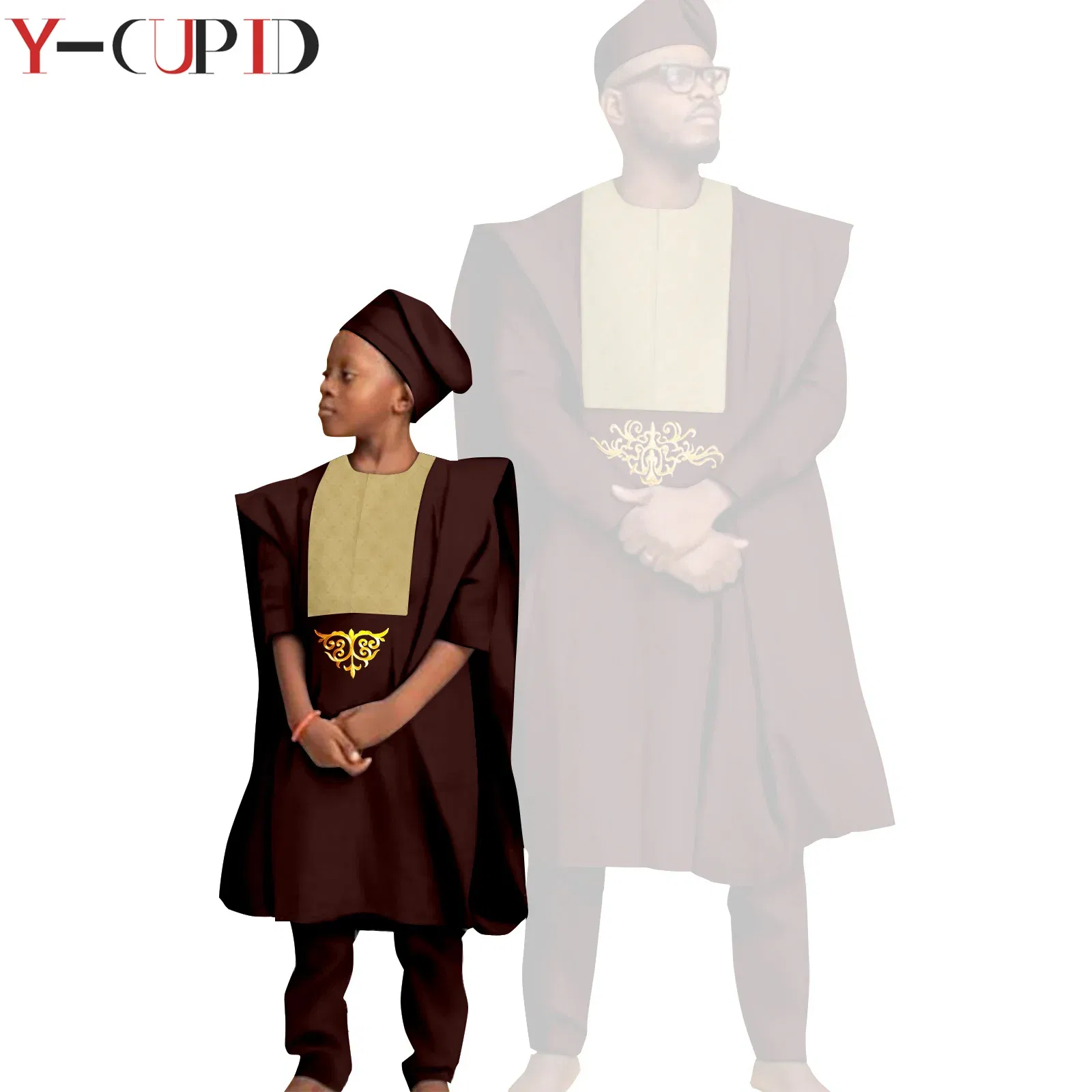 Color: GRAY, Size: Mother 5XL - African Clothes for Men Top Pants Robes Hat Sets Match Kid Boy Sets Dashiki Father and Son Bazin Riche Family Outfits Y20F001