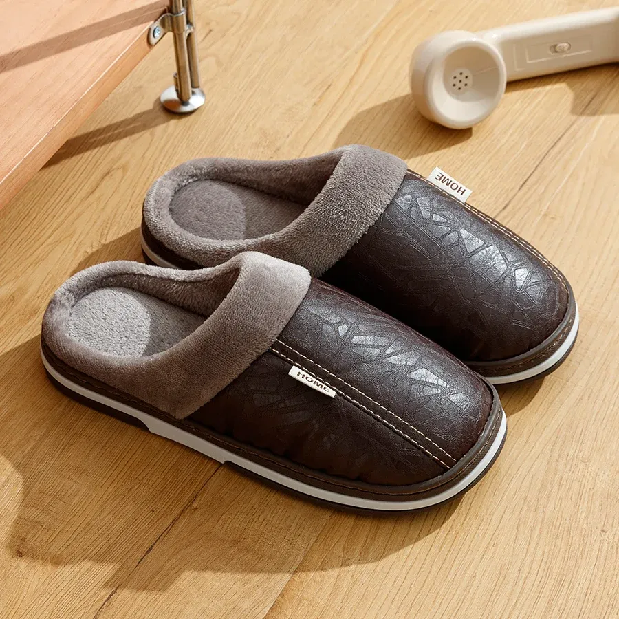 Color: Brown, Shoe Size: 10 - Big Size Winter Casual Men's Slippers Indoor Waterproof PU Leather Home Shoes Fur Flat Warm Fashion Bedroom Houseshoes