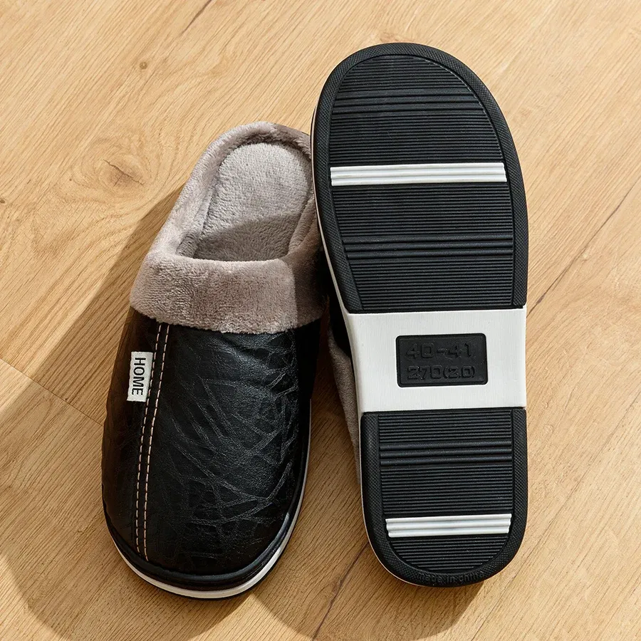 Color: Brown, Shoe Size: 10 - Big Size Winter Casual Men's Slippers Indoor Waterproof PU Leather Home Shoes Fur Flat Warm Fashion Bedroom Houseshoes