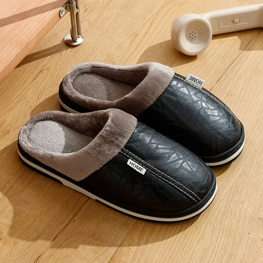 Color: Brown, Shoe Size: 10 - Big Size Winter Casual Men's Slippers Indoor Waterproof PU Leather Home Shoes Fur Flat Warm Fashion Bedroom Houseshoes