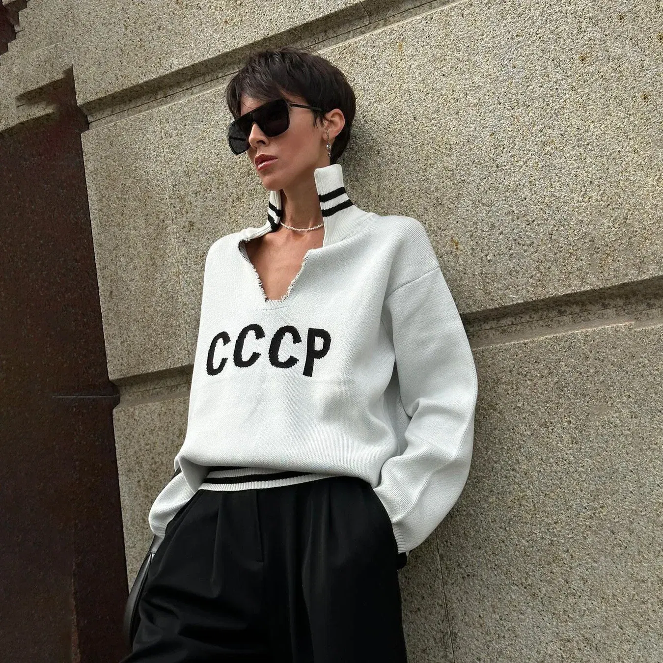 Color: WHITE, Size: XL - JHJN Autumn V-Neck Sweater Women Patchwork Letter Streety Tops Loose Casual Pullovers Long-Sleeved Knitted Shirts Women Sweater