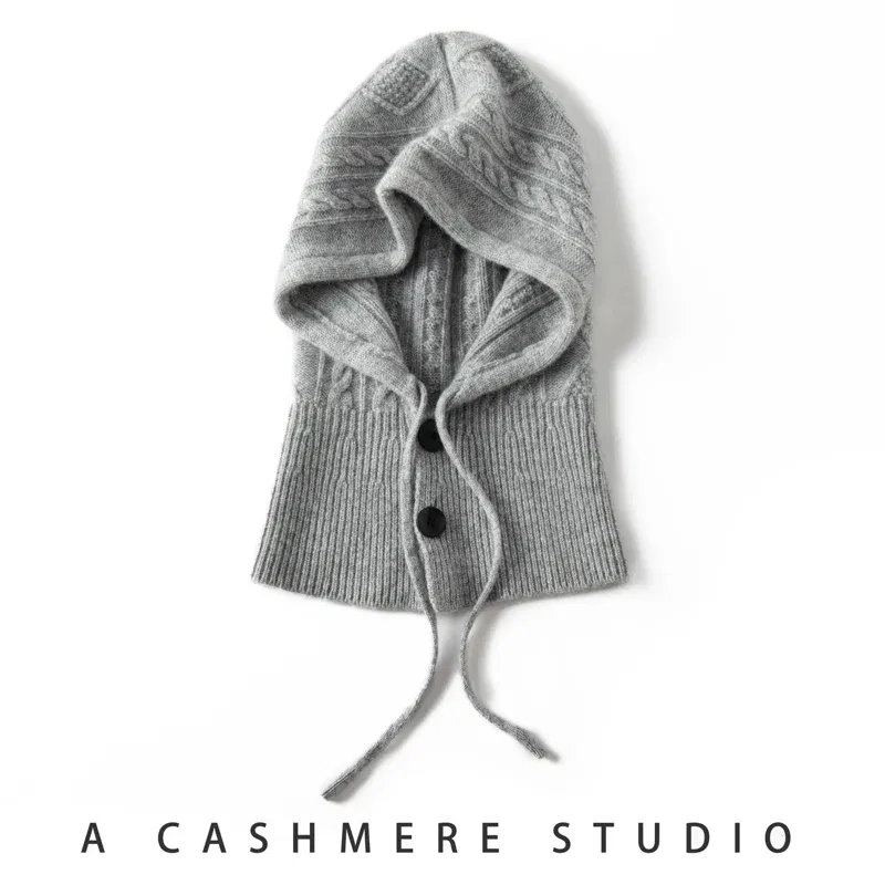 Color: Burgundy, Size: One Size - 100%Quality Cashmere Balaclava Cap Women Warm Ring Scarf Beanie Hat Adjustable Elastic Windproof Hooded Neck Collar Knitted Hat