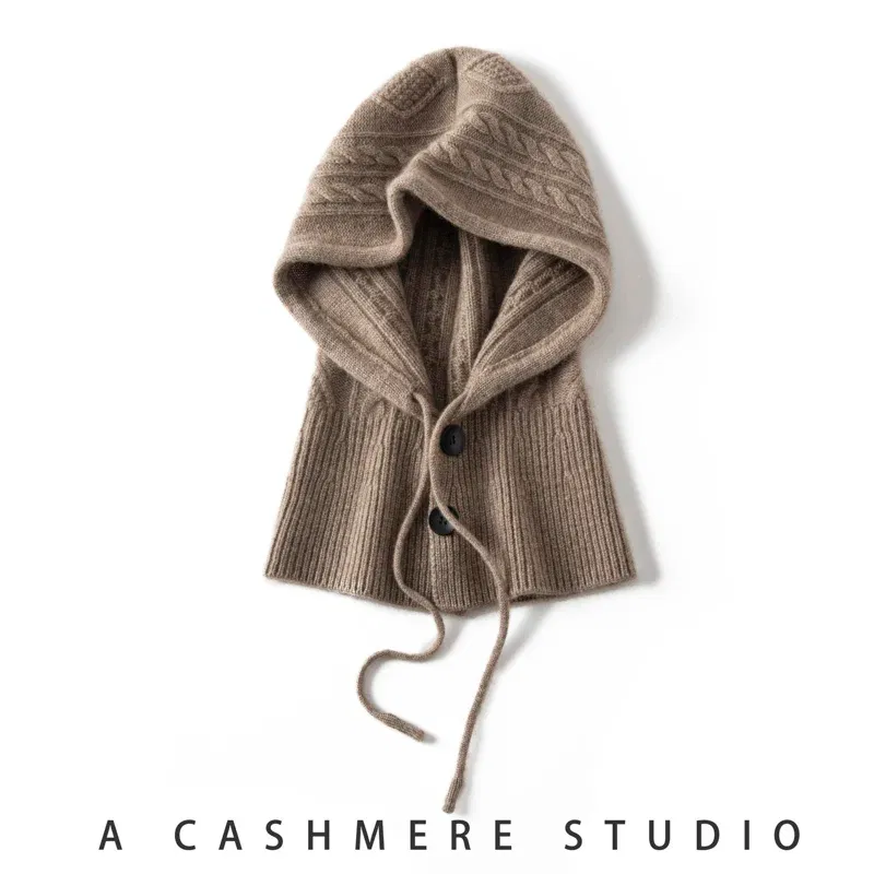 Color: Burgundy, Size: One Size - 100%Quality Cashmere Balaclava Cap Women Warm Ring Scarf Beanie Hat Adjustable Elastic Windproof Hooded Neck Collar Knitted Hat