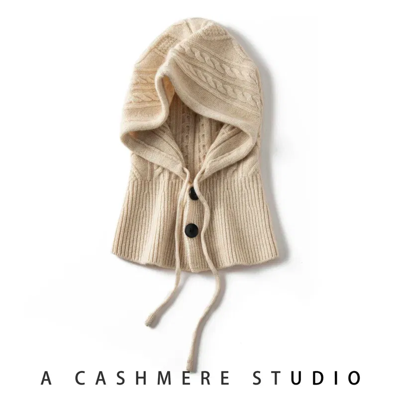 Color: Burgundy, Size: One Size - 100%Quality Cashmere Balaclava Cap Women Warm Ring Scarf Beanie Hat Adjustable Elastic Windproof Hooded Neck Collar Knitted Hat