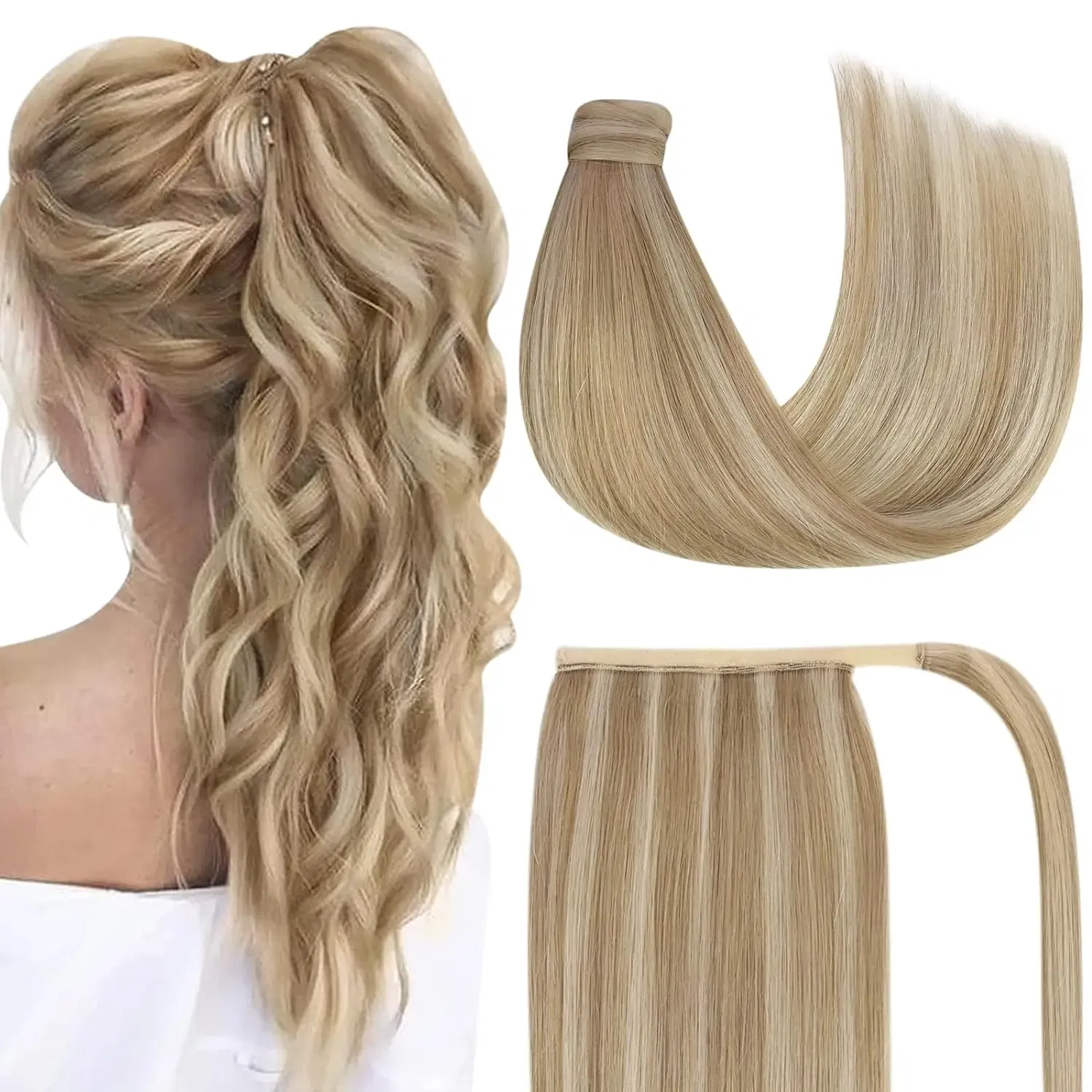 Color: #16, Life Span: 6 Months With Proper Care, Stretched Length: 14inches - VeSunny Human Hair Ponytail Light Blonde Mix Golden Blonde Real Hair Ponytail Extension Highlights Blonde Ponytail Hair 80g