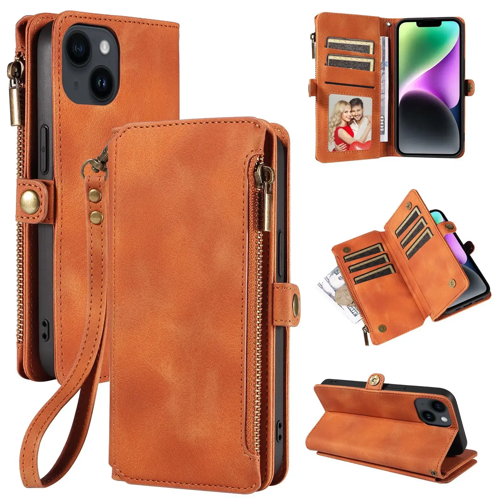 Color: Brown, Material: Microfiber - Zipper Multi 9 Cards Wallet Case for OPPO Reno 12 10 8 7 6 5 Pro 11F 11A 8T 6Z 5Z Retro Leather Lanyard Wrist Strap Phone Cover