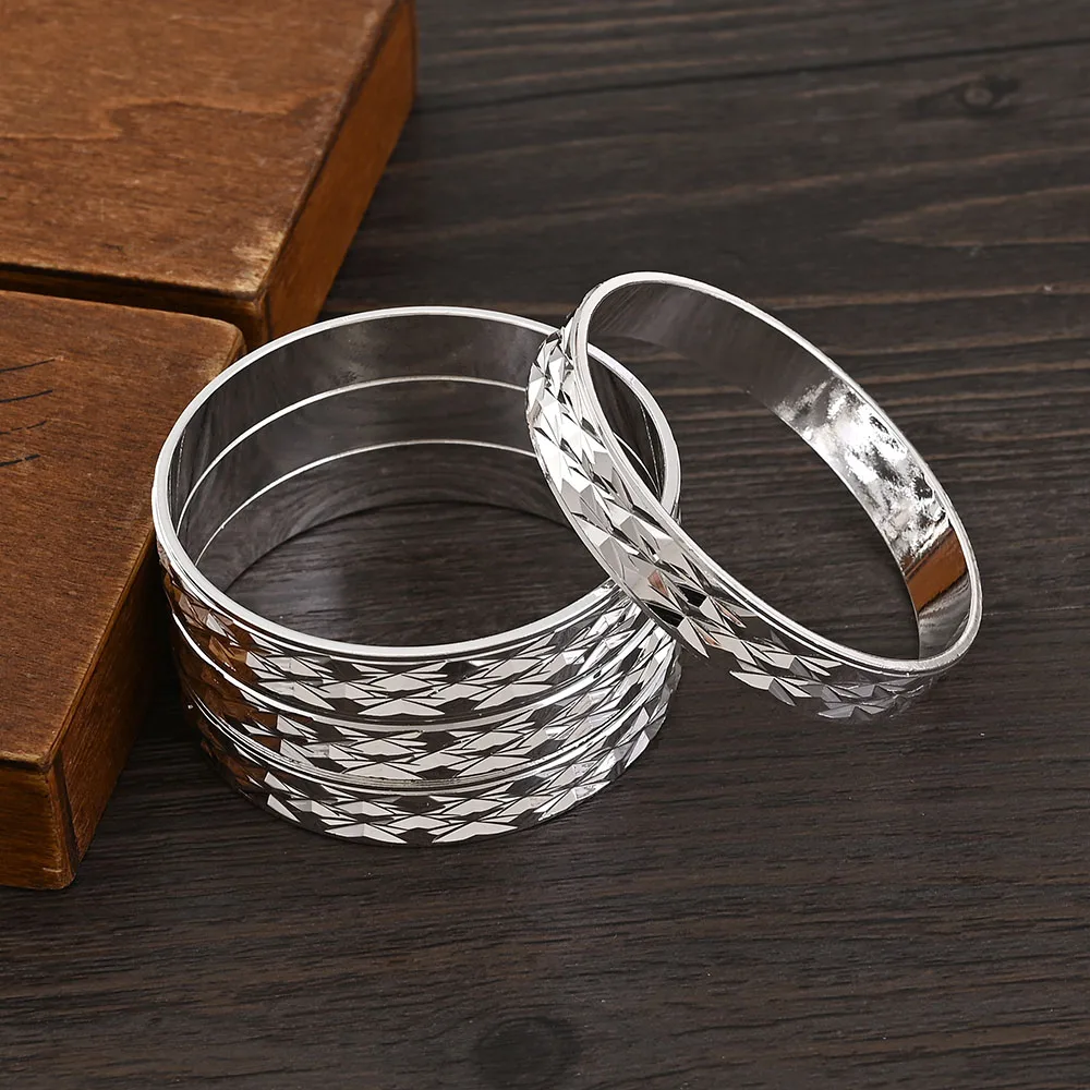 Metal Color: Rhodium Plated - 4Pcs 18k 8mm Width 45MM 55MM 65MM 70MM Dubai Baby Cute Bangles For Girl Jewelry Silve Color Bangles Girls Birthday Jewelry Gifts