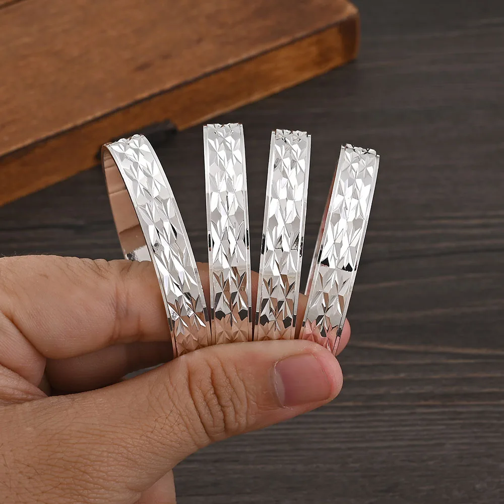 Metal Color: Rhodium Plated - 4Pcs 18k 8mm Width 45MM 55MM 65MM 70MM Dubai Baby Cute Bangles For Girl Jewelry Silve Color Bangles Girls Birthday Jewelry Gifts