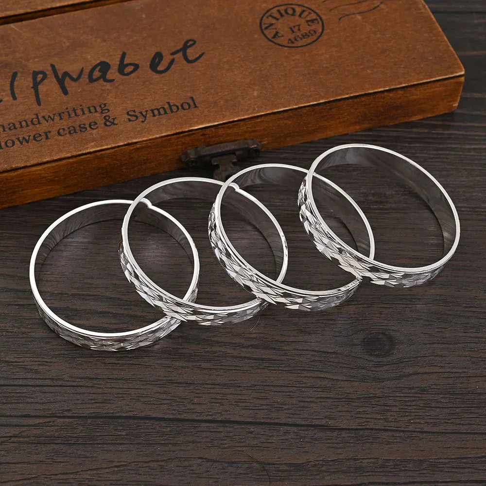 Metal Color: Rhodium Plated - 4Pcs 18k 8mm Width 45MM 55MM 65MM 70MM Dubai Baby Cute Bangles For Girl Jewelry Silve Color Bangles Girls Birthday Jewelry Gifts