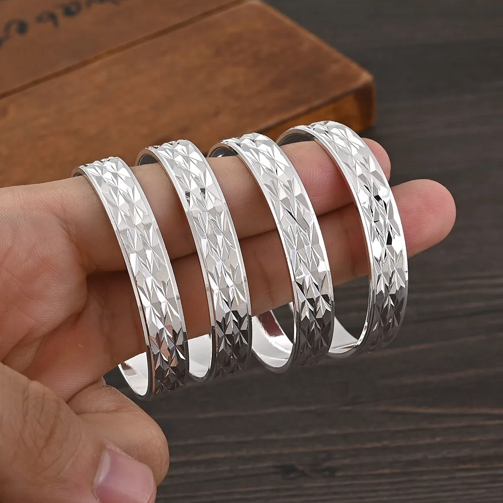 Metal Color: Rhodium Plated - 4Pcs 18k 8mm Width 45MM 55MM 65MM 70MM Dubai Baby Cute Bangles For Girl Jewelry Silve Color Bangles Girls Birthday Jewelry Gifts