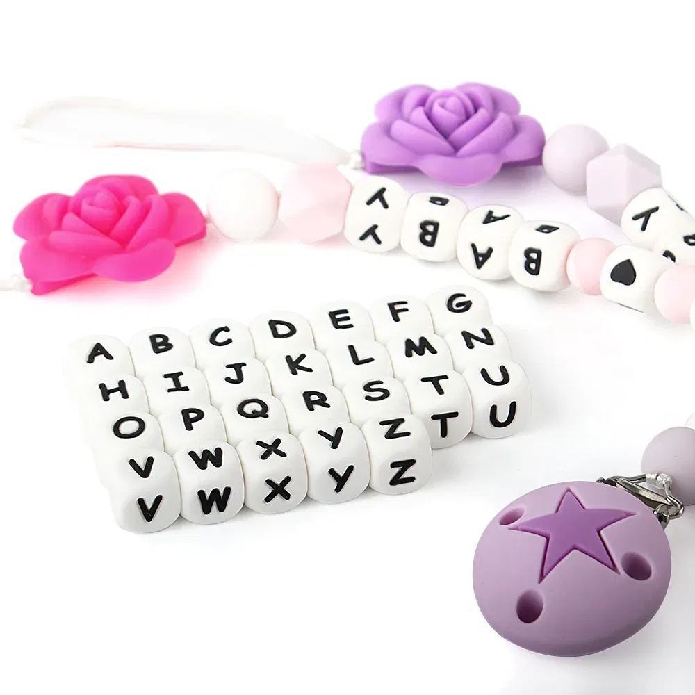 Color: Pink - 100Pcs Baby Teether 12mm Silicone Letters Beads Pacifier Clip Chain Personalized Name Letter Beads Teething Nursing Toy BPA Free