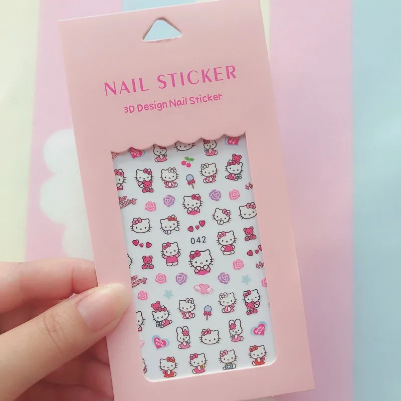 Color: Blue - 1PCS Hello Kitty 3D Nail Stickers Press on Nails Mickey Mouse Donald Duck Stitch Cartoon Stickers Nail Art Decoration
