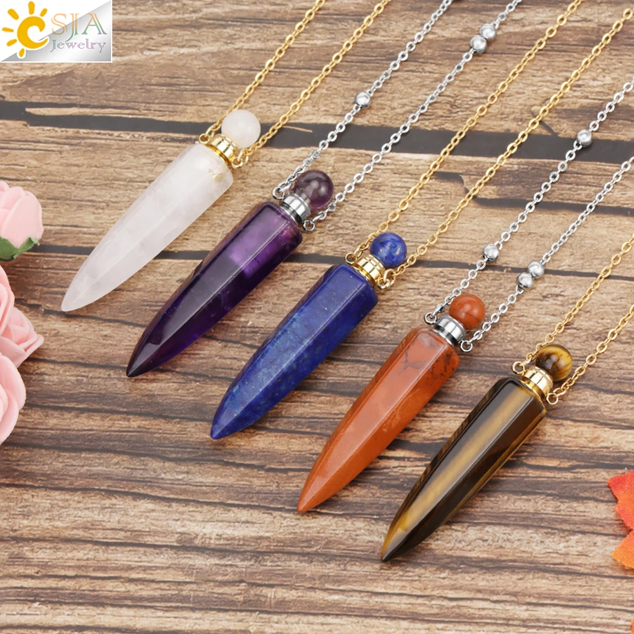 Metal color: ROSE GOLD COLOR - CSJA Crystal Perfume Bottle Women Necklace Natural Stone Hexagonal Cone Pendant Reiki Oil Diffuser Necklaces Christmas Gift H358