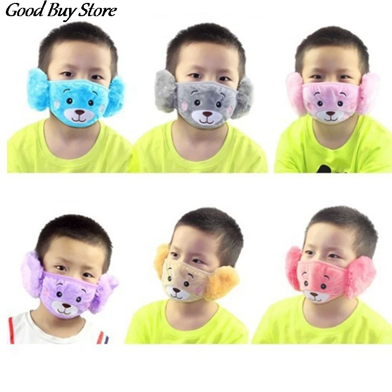 Color: green - Cartoon Bear Earmuffs Children Autumn Winter Fur Earmuff Mouth Cover Kids Comfortable Ear Muff Ear Warmer Skiing Warm Earlap