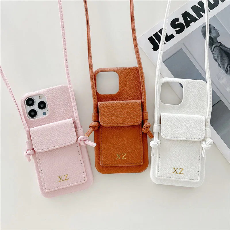 Color: Orange, Material: Denim - Personalized Gold Silver Letters Leather PU Card Holder Lanyard Hard Case For iPhone 14 13 12 11 15 Pro Max XS XR 16 Plus Cover
