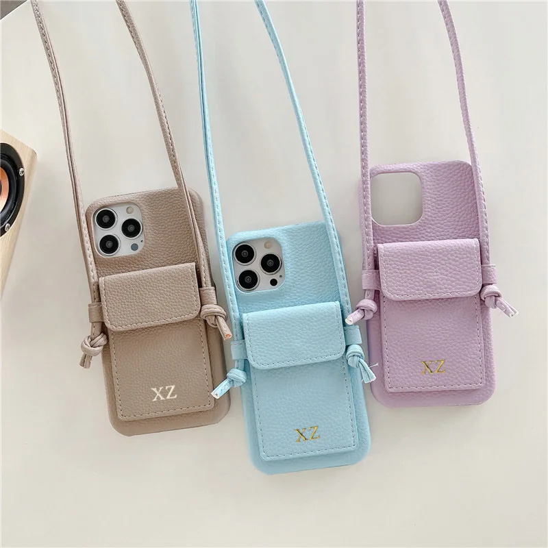Color: Orange, Material: Denim - Personalized Gold Silver Letters Leather PU Card Holder Lanyard Hard Case For iPhone 14 13 12 11 15 Pro Max XS XR 16 Plus Cover