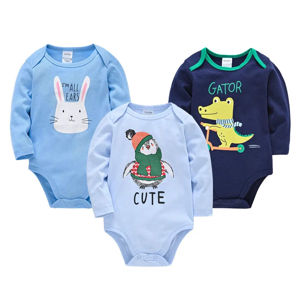 Color: SKY BLUE, Kid Size: 12M - Kavkas Baby Boys Girls Bodysuit 3 PCS Long Sleeve 100% Cotton Baby Clothes 0-12 Months Newborn Body Bebe Jumpsuit Clothing