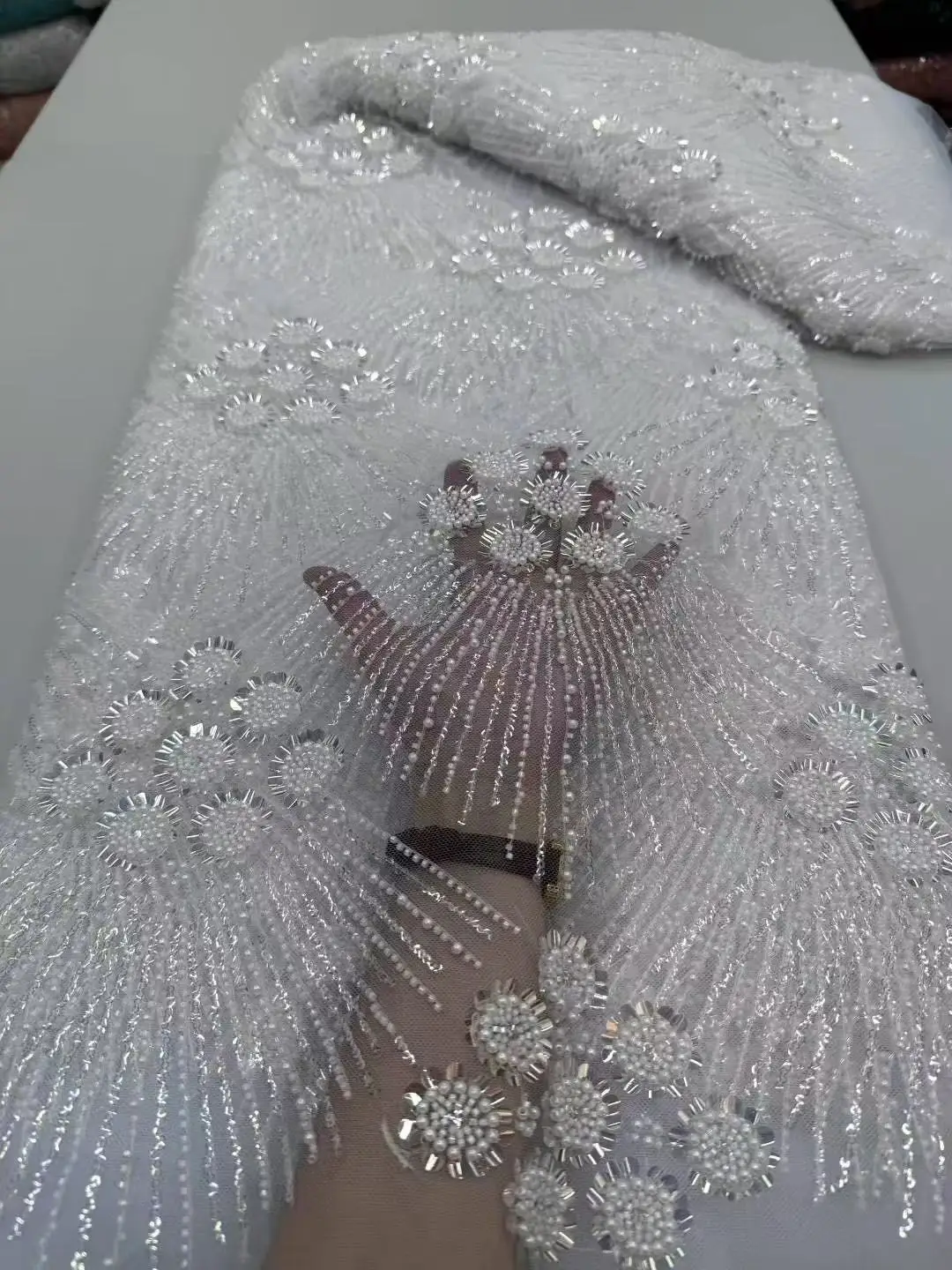 Color: Gold, Width: 120cm, Length: 5 yards - African Heavy Beaded Lace Fabric 2025 High Quality Nigerian Sequin Pearl Lace French Tulle Fabric For Wedding Party Dress Sewing
