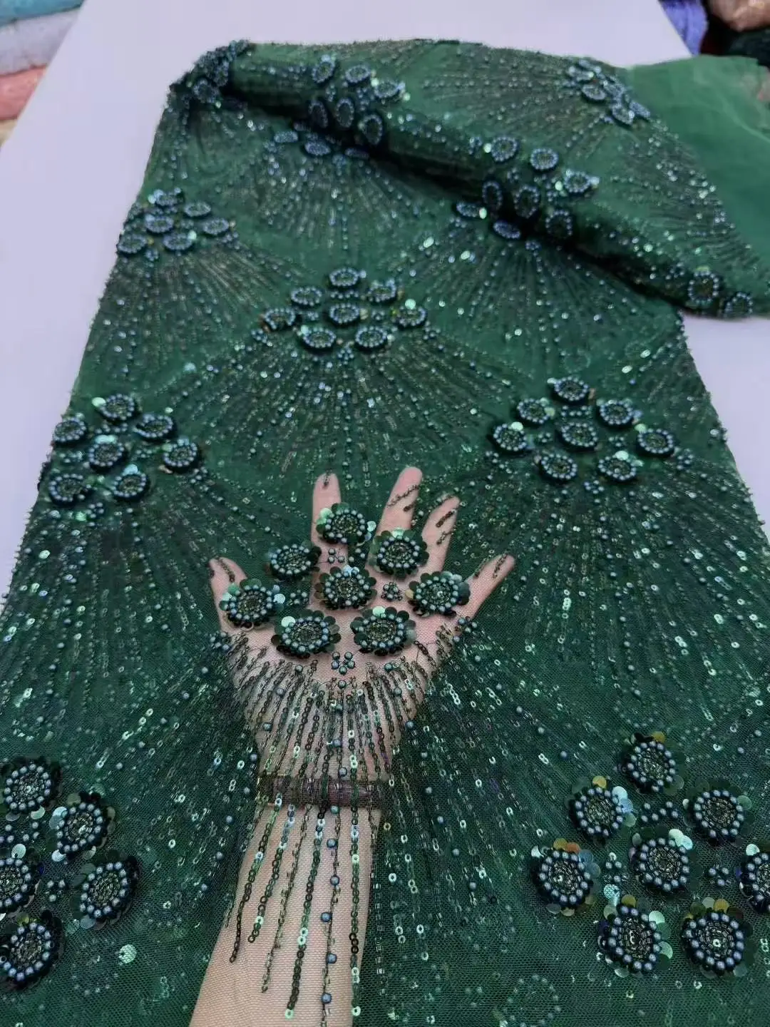 Color: Gold, Width: 120cm, Length: 5 yards - African Heavy Beaded Lace Fabric 2025 High Quality Nigerian Sequin Pearl Lace French Tulle Fabric For Wedding Party Dress Sewing