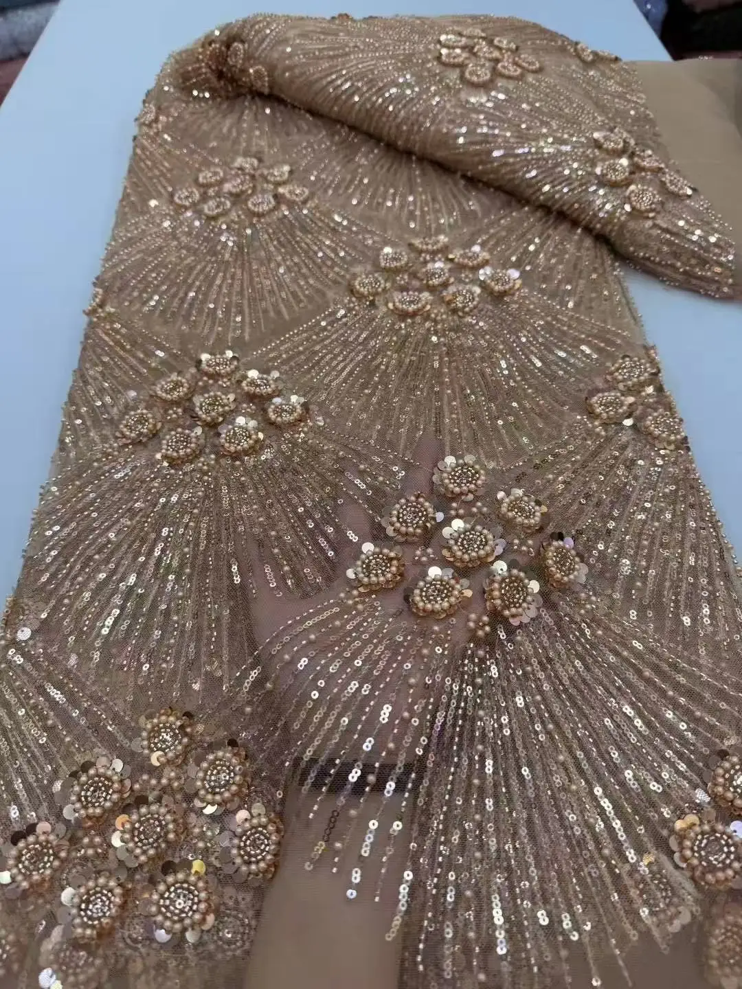 Color: Gold, Width: 120cm, Length: 5 yards - African Heavy Beaded Lace Fabric 2025 High Quality Nigerian Sequin Pearl Lace French Tulle Fabric For Wedding Party Dress Sewing
