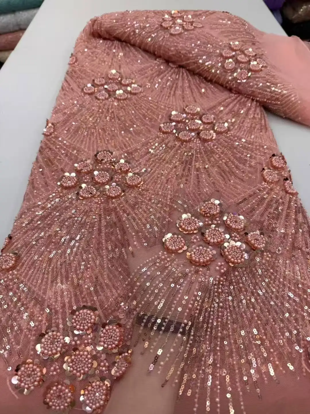Color: Gold, Width: 120cm, Length: 5 yards - African Heavy Beaded Lace Fabric 2025 High Quality Nigerian Sequin Pearl Lace French Tulle Fabric For Wedding Party Dress Sewing