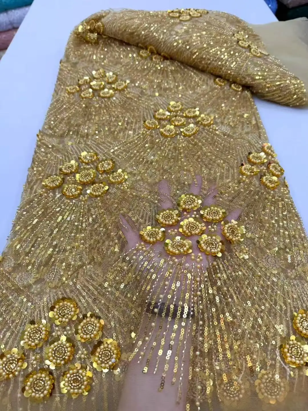 Color: Gold, Width: 120cm, Length: 5 yards - African Heavy Beaded Lace Fabric 2025 High Quality Nigerian Sequin Pearl Lace French Tulle Fabric For Wedding Party Dress Sewing
