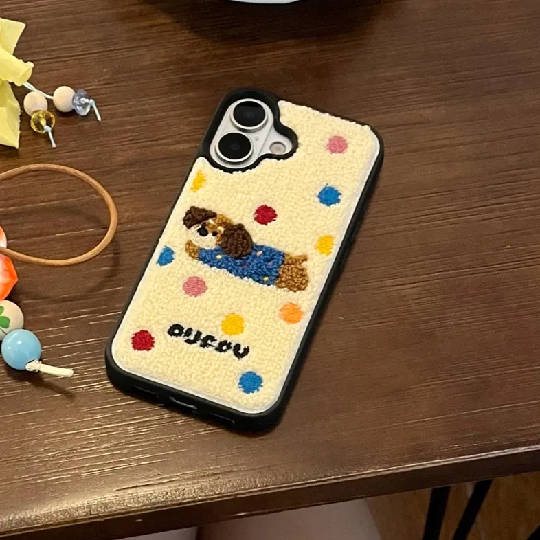 Color: SKY BLUE, Material: Vinyl - Luxury Cartoon Embroidery Cute Dog Cats Colorful Dots Phone Case For iPhone 13 14 15 16 Pro Max Plush Winter Shockproof Cover
