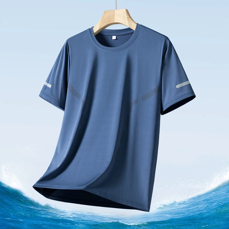 Color: Clear, Size: XXL - Men's Silk Ice Round Collar T-shirt, Simple Running Fitness Suit, Breathable Thin T-shirt, Quick Dry T-shirt, Summer