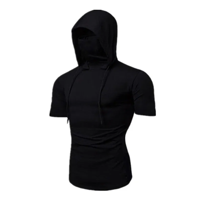 Color: black, Size: XL - Mens Gym Thin Hoodie Short Sleeve Hoodies With Mask Sweatshirt Casual Splice Large Mask Hoodie Sweatshirt Hooded Tops Cycling