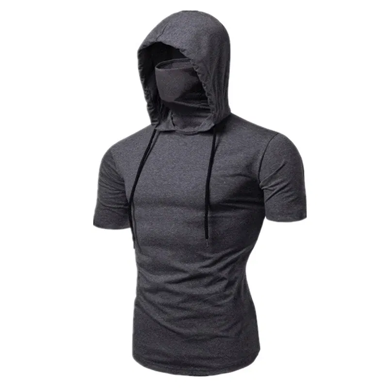 Color: black, Size: XL - Mens Gym Thin Hoodie Short Sleeve Hoodies With Mask Sweatshirt Casual Splice Large Mask Hoodie Sweatshirt Hooded Tops Cycling
