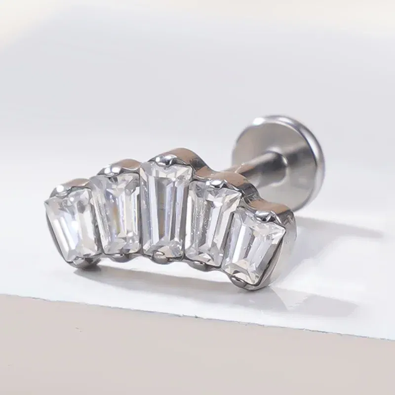 Metal color: Pink, Main Stone Color: Pink, Ships From: CHINA - G23 Titanium Ear Studs 5 Oblong CZ Blaze Curve Top Threaded Labret PIERC Lip Stud Ear Cartilage Tragus Helix Piercing Jewelry