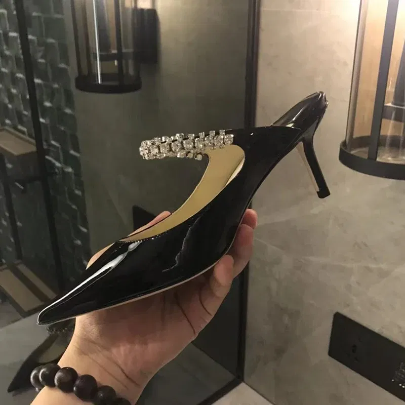 Color: GRAY, Shoe Size: 36, Ships From: CHINA - Elegant Leather Mules Pointed Toe Stylish Rhinestone Embellished High Heel Sandals Sophisticated Party Evening Shoes Footwear