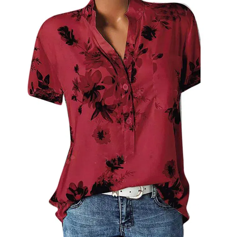 Color: GRAY, Size: 4XL - Temperament new women's shirt printing large size casual shirt loose V-neck short-sleeved shirt blouse