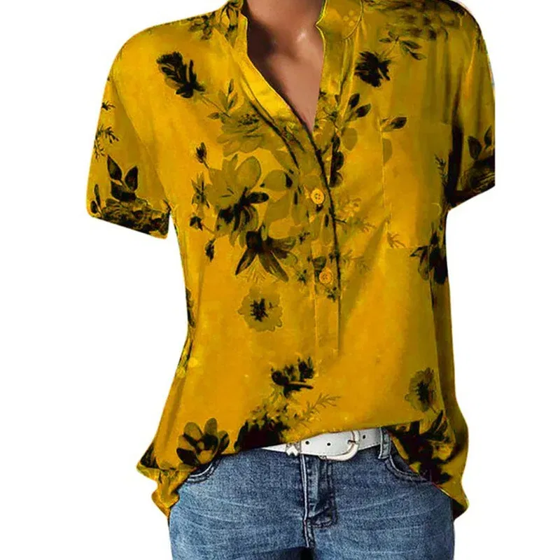 Color: GRAY, Size: 4XL - Temperament new women's shirt printing large size casual shirt loose V-neck short-sleeved shirt blouse