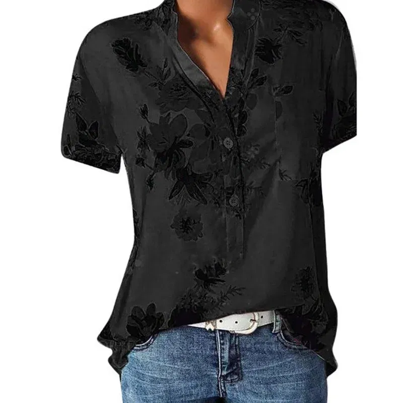 Color: GRAY, Size: 4XL - Temperament new women's shirt printing large size casual shirt loose V-neck short-sleeved shirt blouse