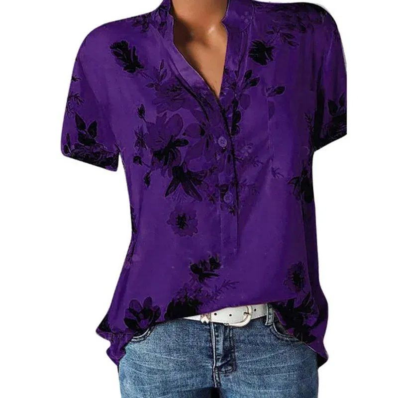 Color: GRAY, Size: 4XL - Temperament new women's shirt printing large size casual shirt loose V-neck short-sleeved shirt blouse