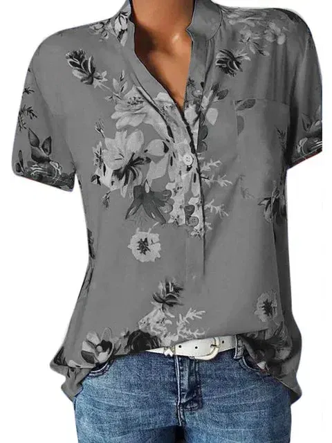Color: GRAY, Size: 4XL - Temperament new women's shirt printing large size casual shirt loose V-neck short-sleeved shirt blouse