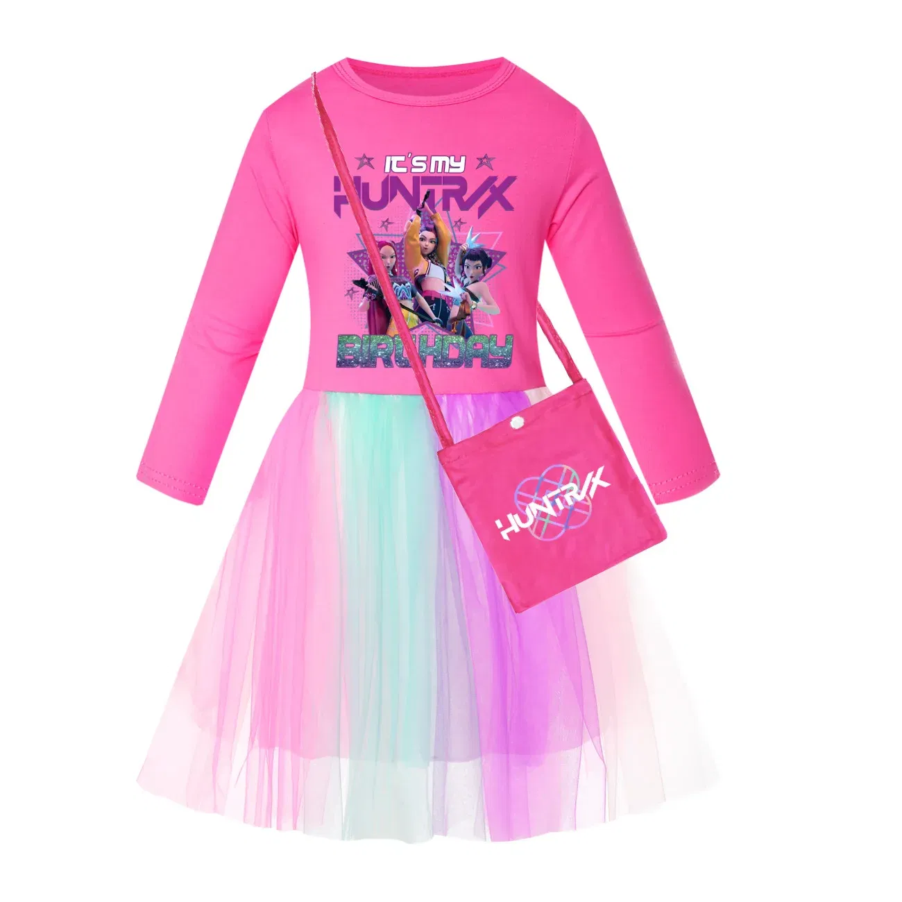 Color: Pink, Kid Size: 12 - KPop Demon Hunters Kids Clothes Long Slevess Dresses Cotton Rainbow Full Dress Teen Fashion Girl's Clothing Party Clothes 5001