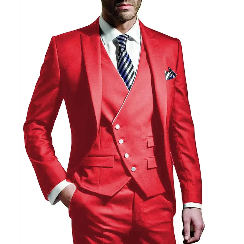 Color: Red, Size: XL, Ships From: CHINA - White Men Wedding Suits Groom Wear Peak Lapel Wedding Groom Tuxedos Business Party Suit 3 Pieces (Jacket+Vest+Pant?‰Costume Homme