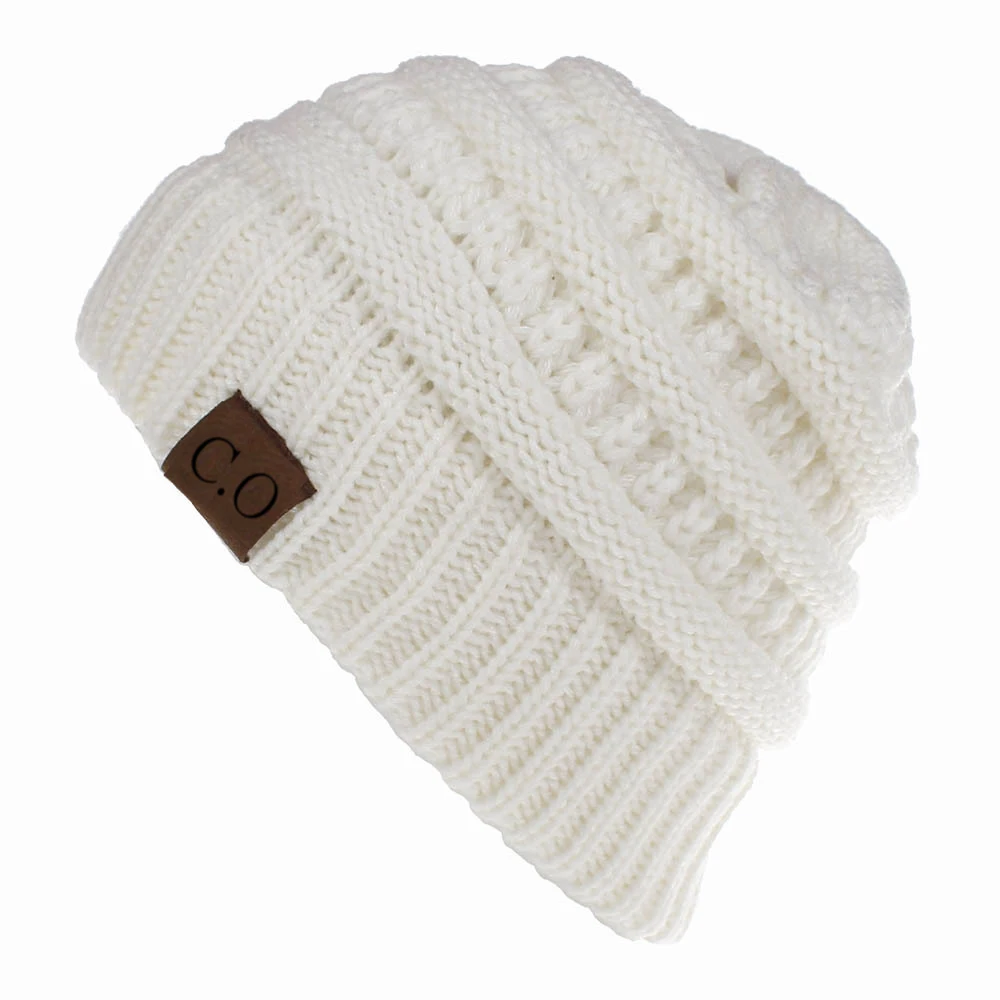 Color: WHITE - New Lady Knitted Hats for Women Girls Skiing Baseball Cap Openings Horsetail Hat