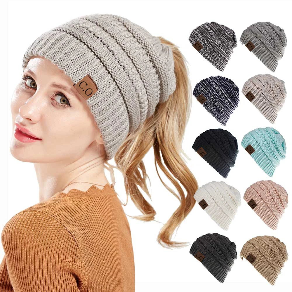 Color: WHITE - New Lady Knitted Hats for Women Girls Skiing Baseball Cap Openings Horsetail Hat