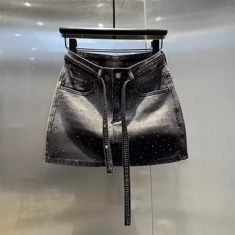 Color: Beige, Size: XXXL - Oversize Retro Diamond Denim Mini Skirt for Women Summer High Waist Shiny Rivet Slim Skirts Gradient Black Grey Jean Skirts