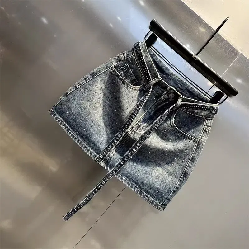 Color: Beige, Size: XXXL - Oversize Retro Diamond Denim Mini Skirt for Women Summer High Waist Shiny Rivet Slim Skirts Gradient Black Grey Jean Skirts