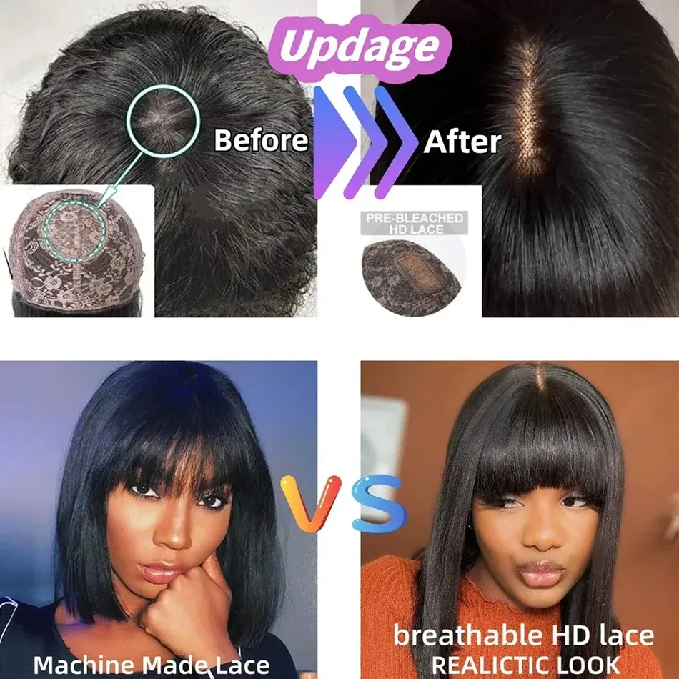 Stretched Length: 12INCHES, Hair Color: #1, Density: 120%, Ships From: CHINA - Wiggogo 3X1 Middle Part Lace Wig Bone Straight Human Hair Wig With Bangs Full Machine Made Straight Human Hair Wigs For Women