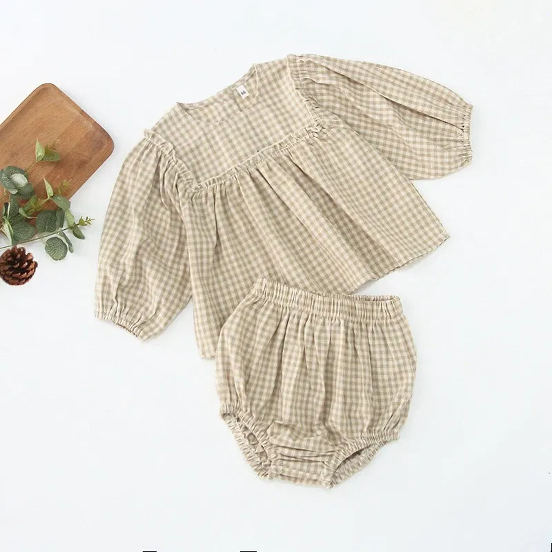 Color: CRIMSON, Kid Size: 6M - Infant Baby Boys Girls Clothes Set Spring Autumn Kids Baby Boys Girls Long Sleeve Grid T-shirt + Shorts 2pcs Toddler Clothes