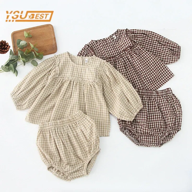Color: CRIMSON, Kid Size: 6M - Infant Baby Boys Girls Clothes Set Spring Autumn Kids Baby Boys Girls Long Sleeve Grid T-shirt + Shorts 2pcs Toddler Clothes