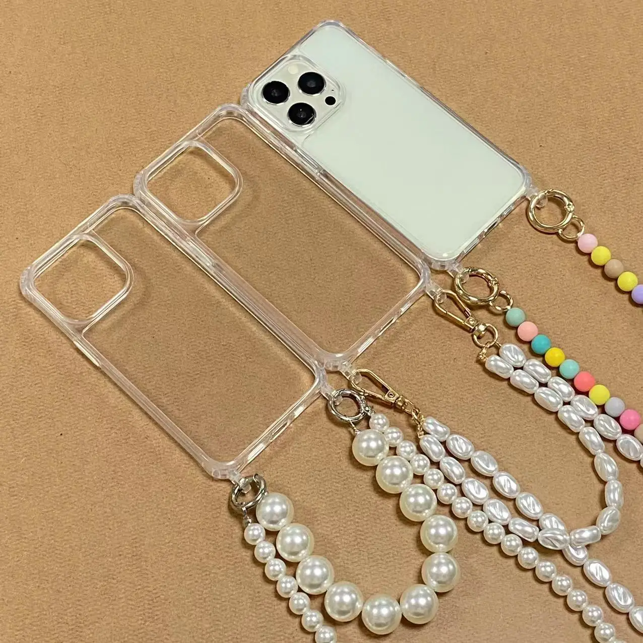 Color: Lotus root color, Bundle: Case & Strap, Material: Aluminum - Korean Pearl Bracelets Chain Case with Lanyard Aesthetic Luxury Shell for Iphone 15 12 14 Pro Max XR X XS 7 8 Plus 15 Pro Cover