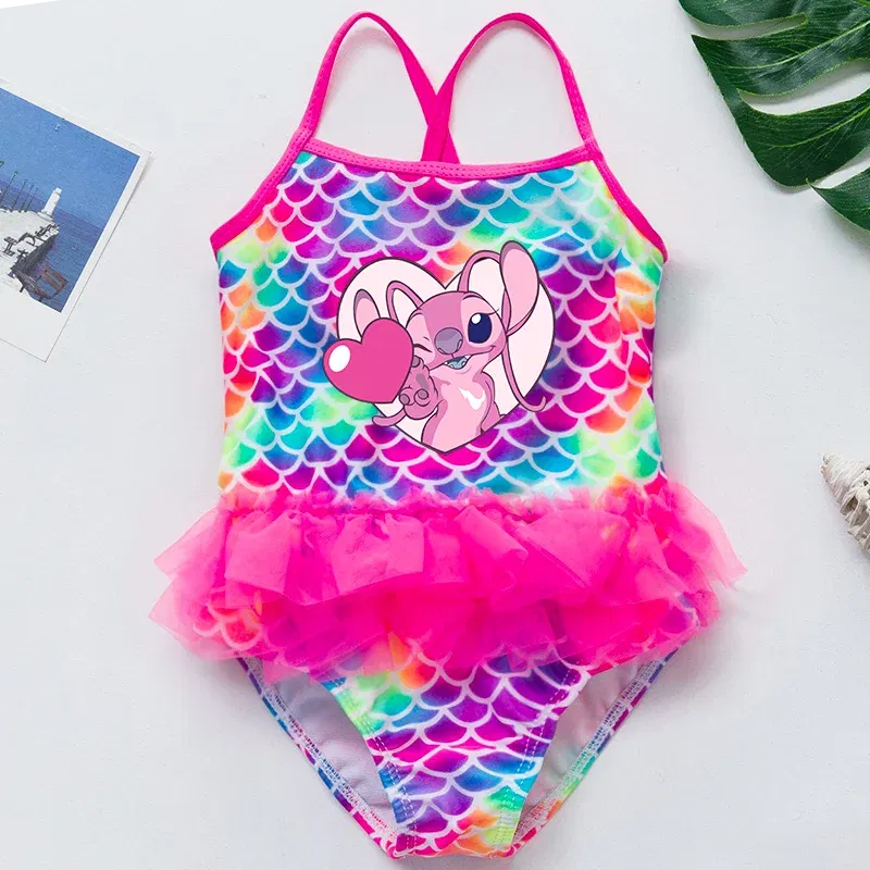 Color: MULTI, Kid Size: 9M - Lilo Stitch Girl Swimsuit Summer One-Piece Swimwear Beachwear Pool Mermaid Fish Scale Print Bikini Bathing Outfit Swimming Wear